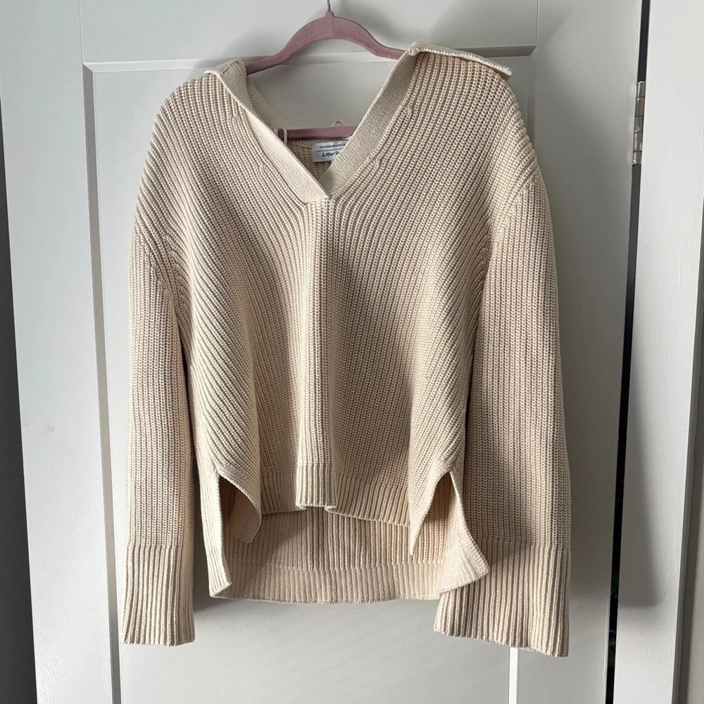 & Other Stories Cream V-Neck Ribbed Collared Cotton Sweater - Picture 1 of 6